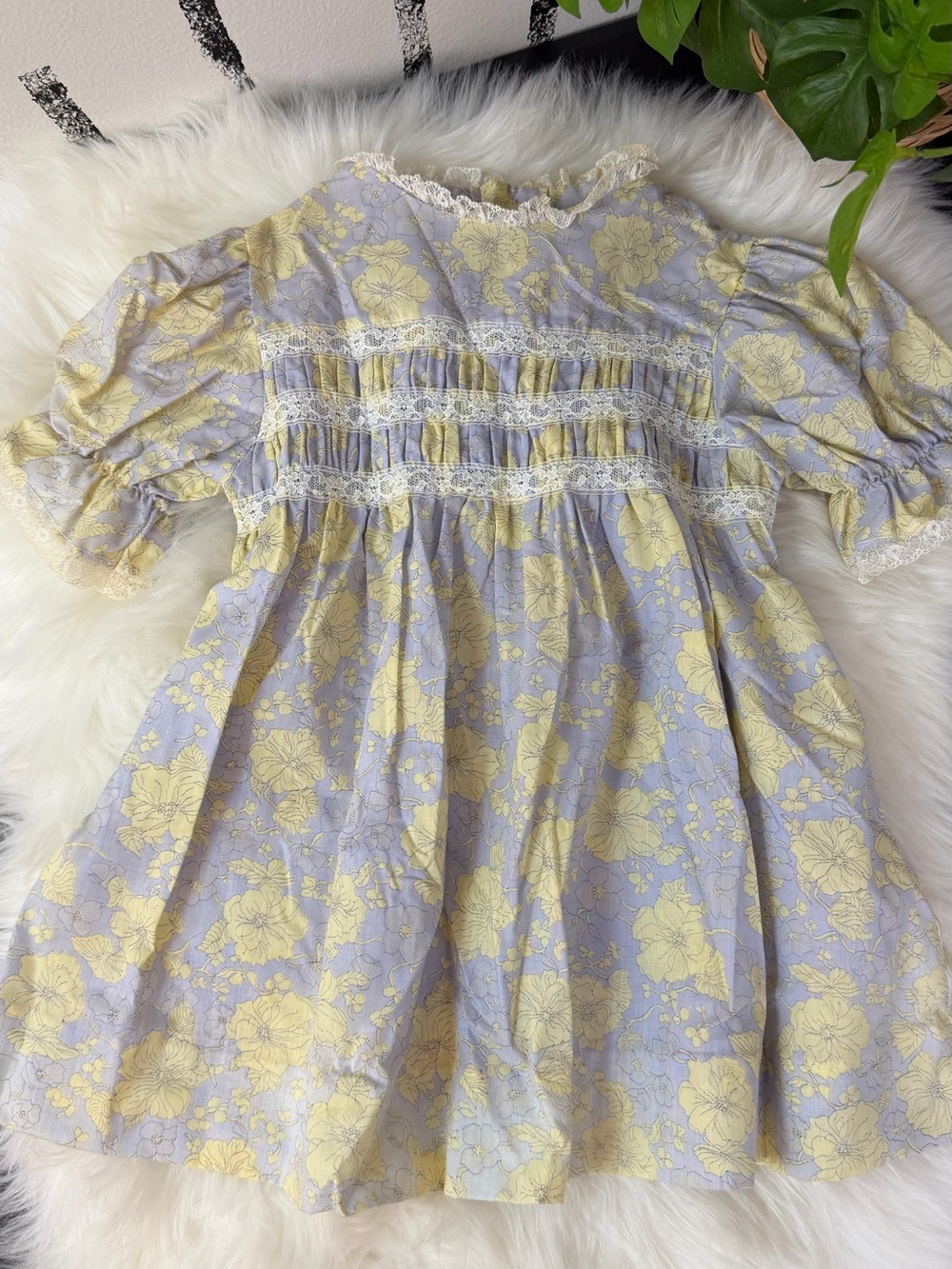 Vintage Sears Honeysuckle Smocked Purple Yellow Floral Lacey Girls Dress Size 4